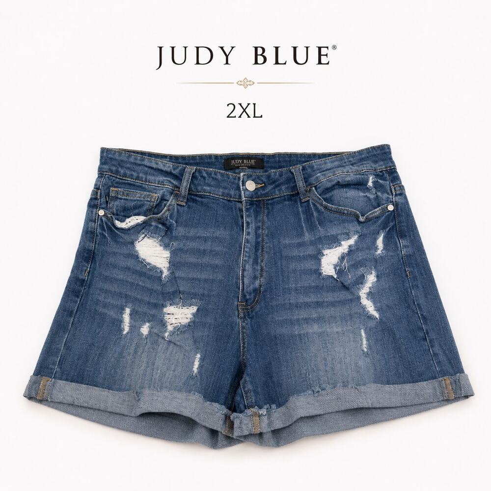 Judy Blue 2XL Distressed Denim Shorts Mid Rise Stretch Cuffed Blue Jorts